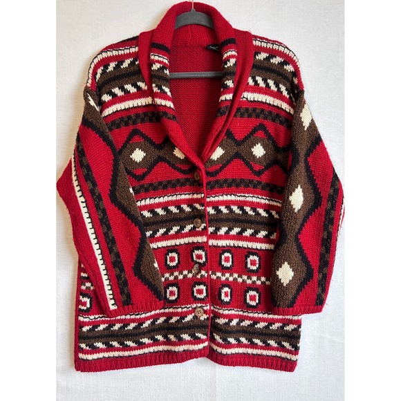 Sweaters - Vintage‎ Geometric Pattern Knit Cardigan Sweater Red Brown White Women SZ S/M